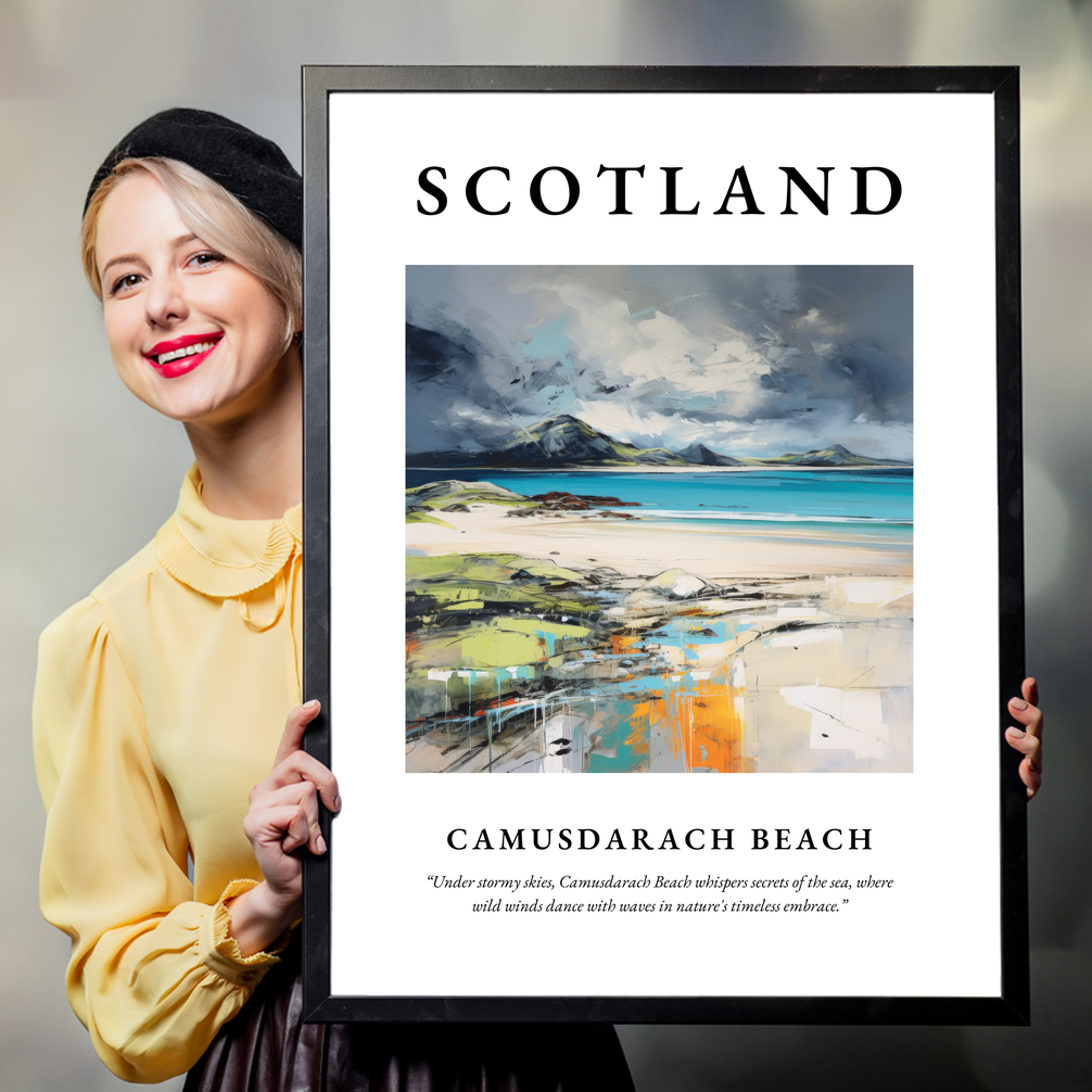 Person holding a poster of Camusdarach Beach