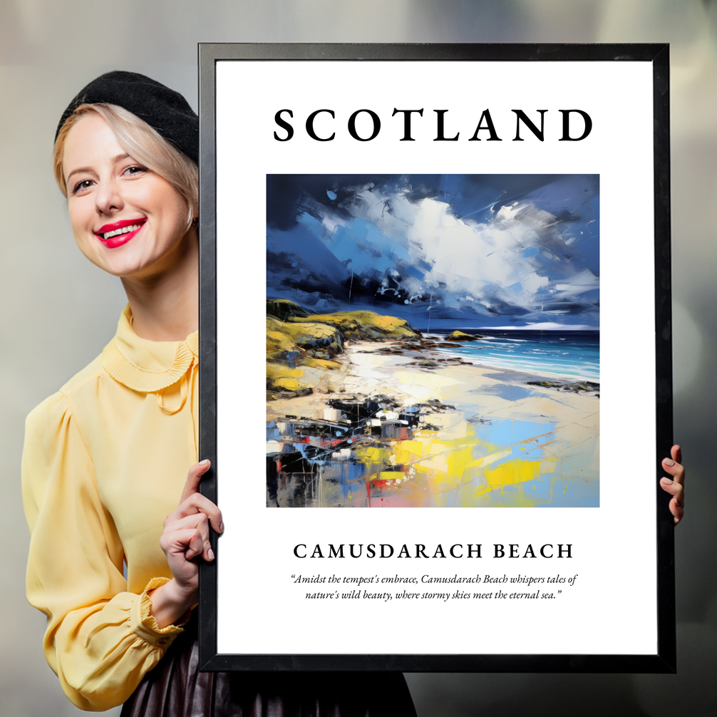 Person holding a poster of Camusdarach Beach