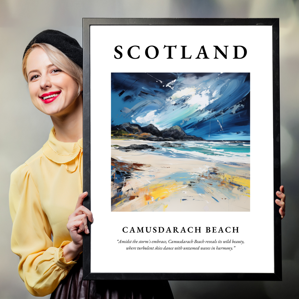 Person holding a poster of Camusdarach Beach
