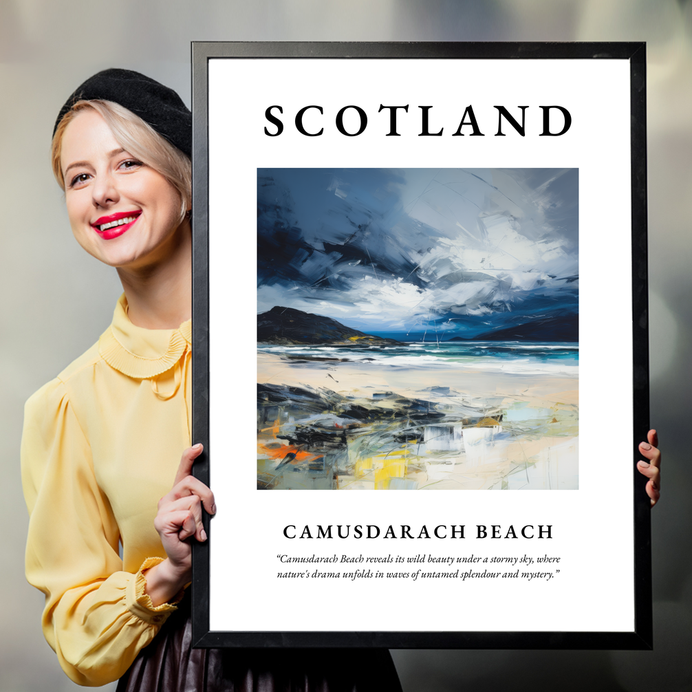 Person holding a poster of Camusdarach Beach
