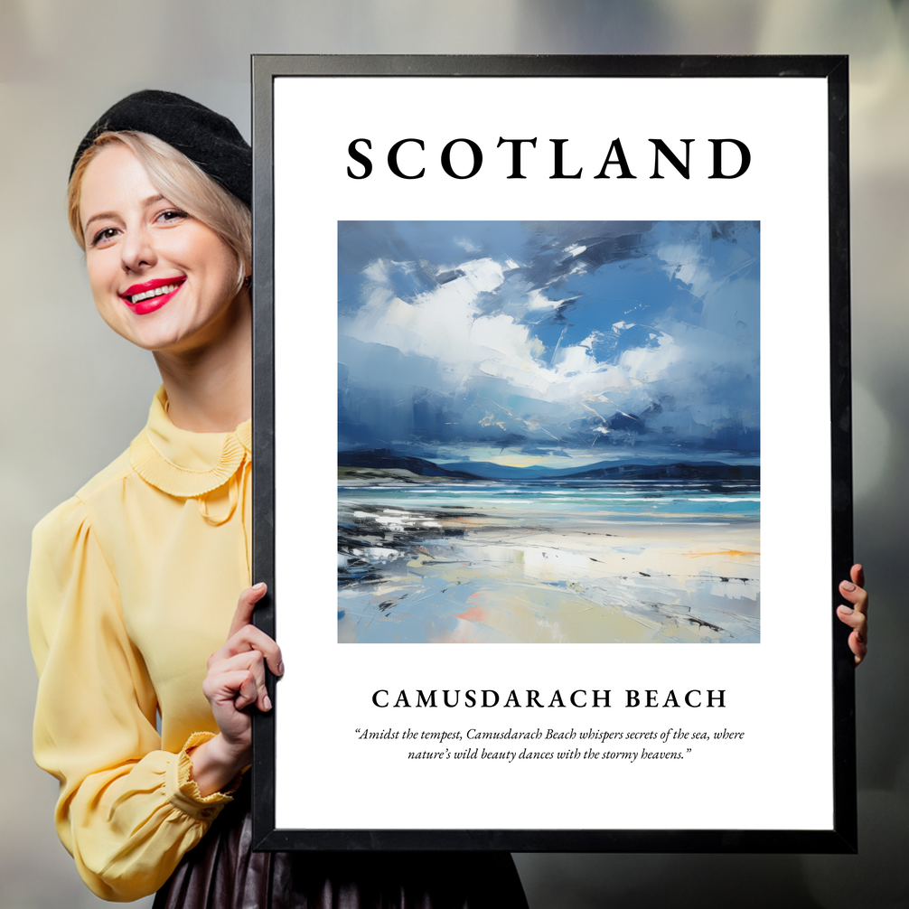 Person holding a poster of Camusdarach Beach