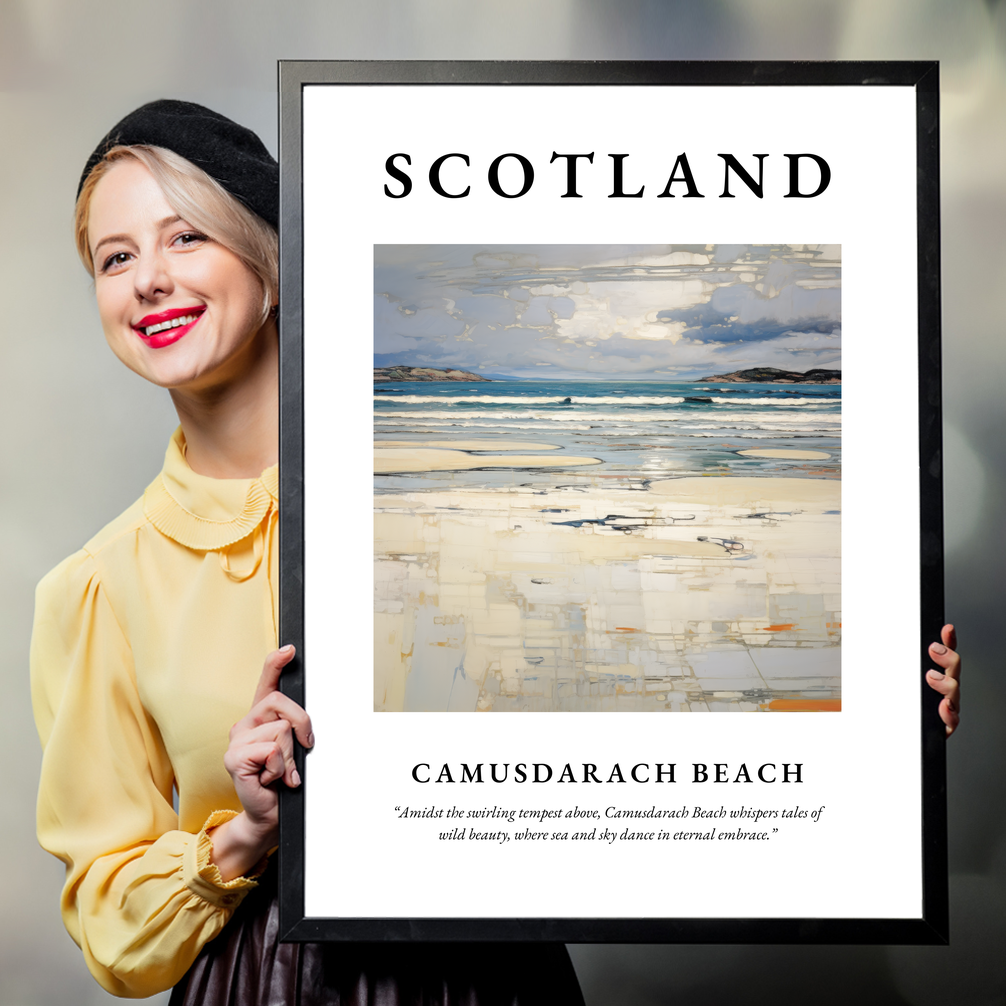 Person holding a poster of Camusdarach Beach