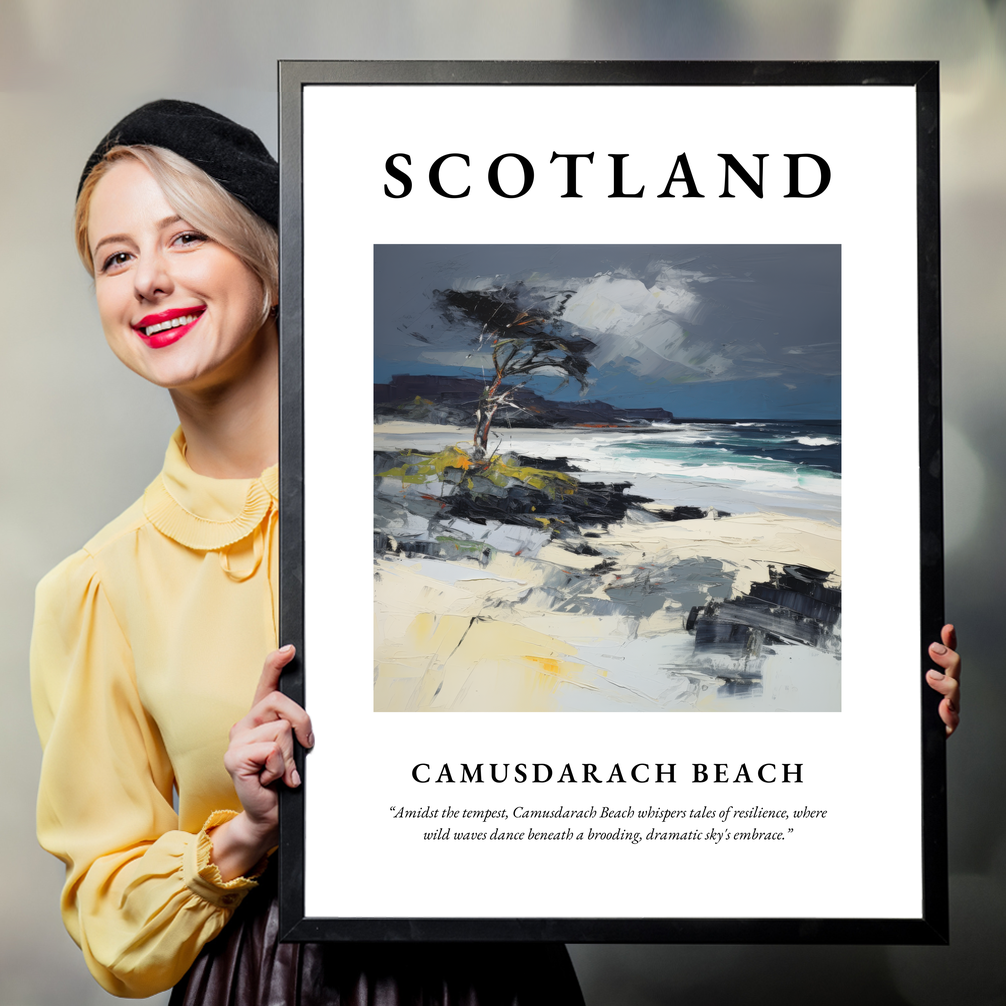 Person holding a poster of Camusdarach Beach