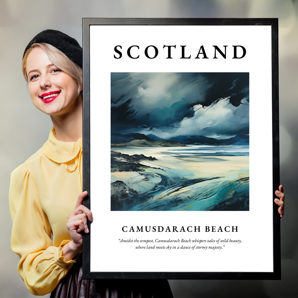 Person holding a poster of Camusdarach Beach