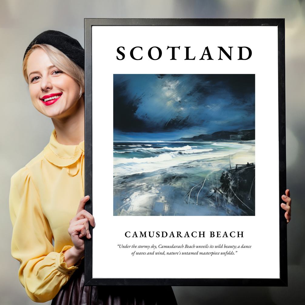 Person holding a poster of Camusdarach Beach