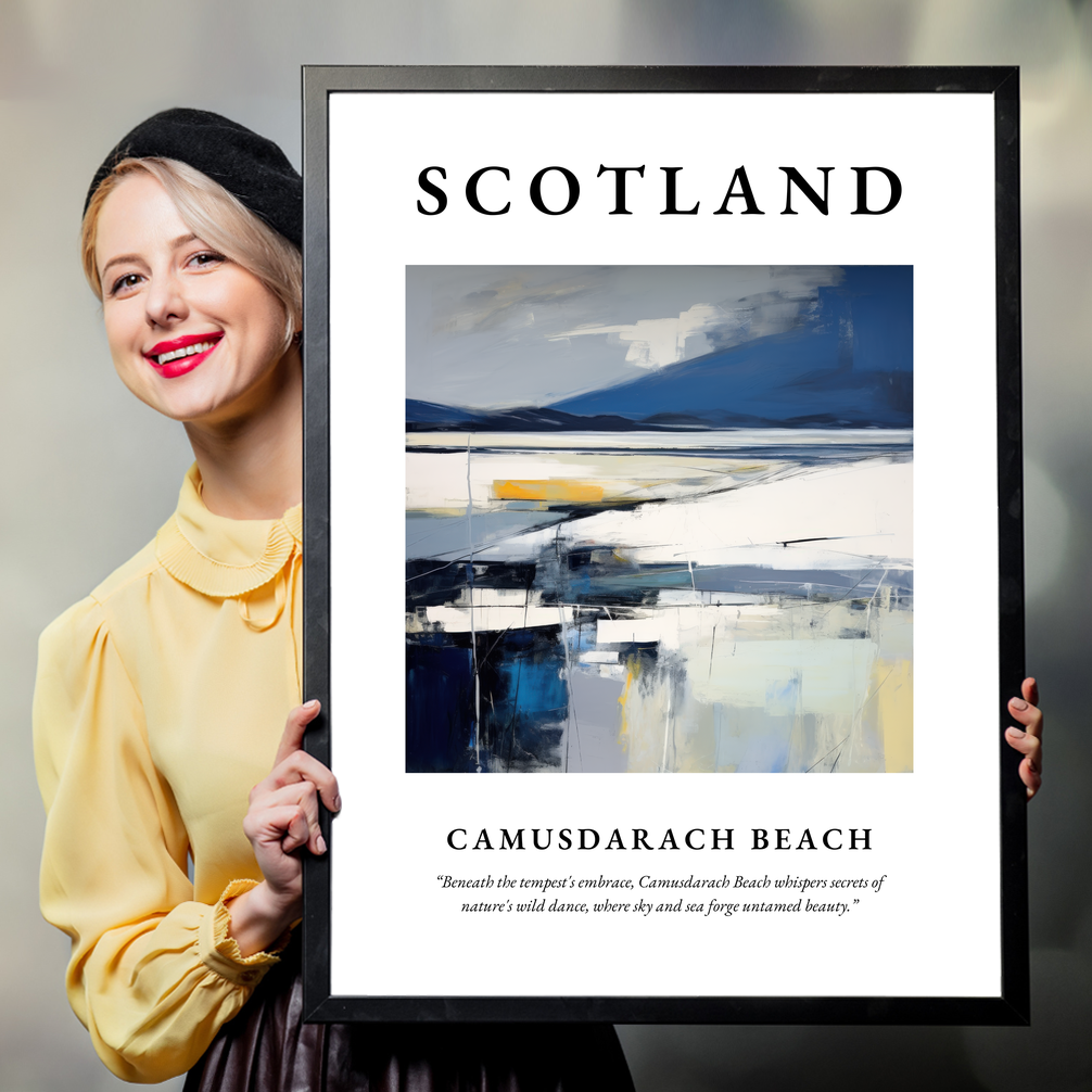 Person holding a poster of Camusdarach Beach