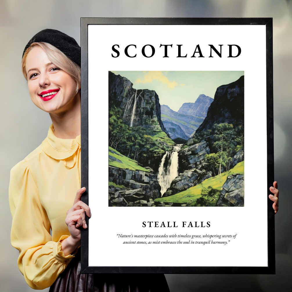 Person holding a poster of Steall Falls