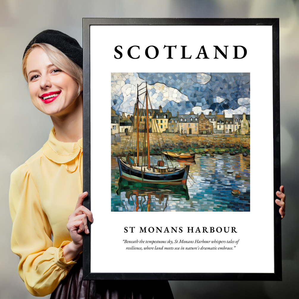 Person holding a poster of St Monans Harbour