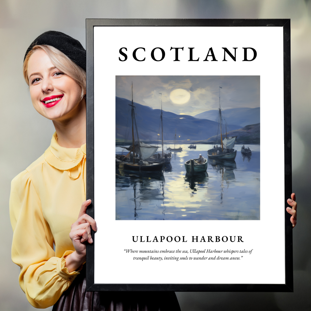 Person holding a poster of Ullapool Harbour