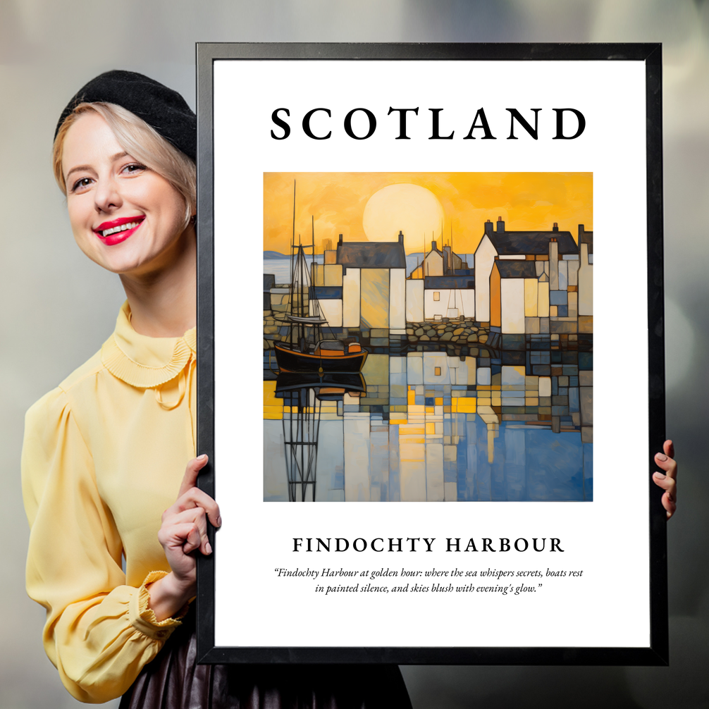 Person holding a poster of Findochty Harbour