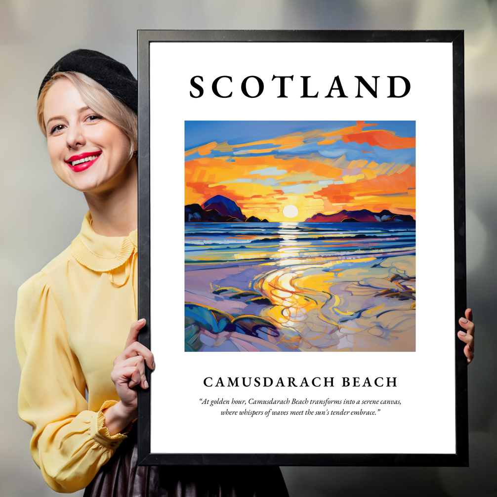 Person holding a poster of Camusdarach Beach