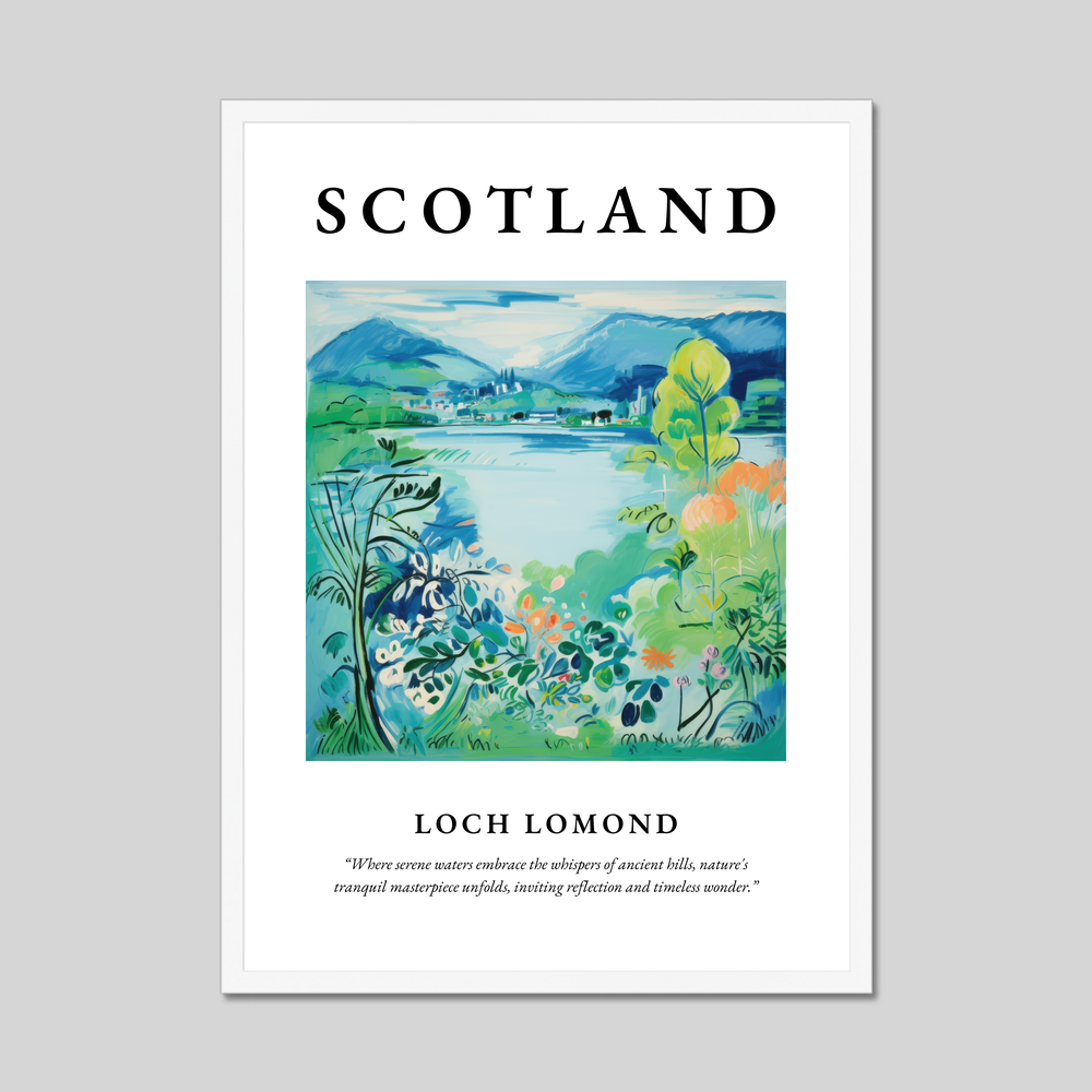 Poster in a white frame with the word Scotland