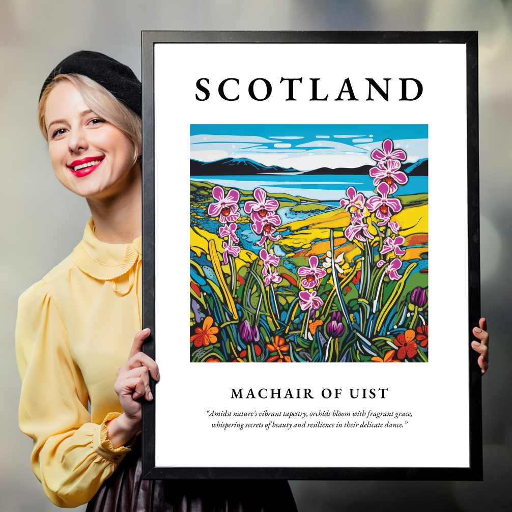 Person holding a poster of Machair of Uist