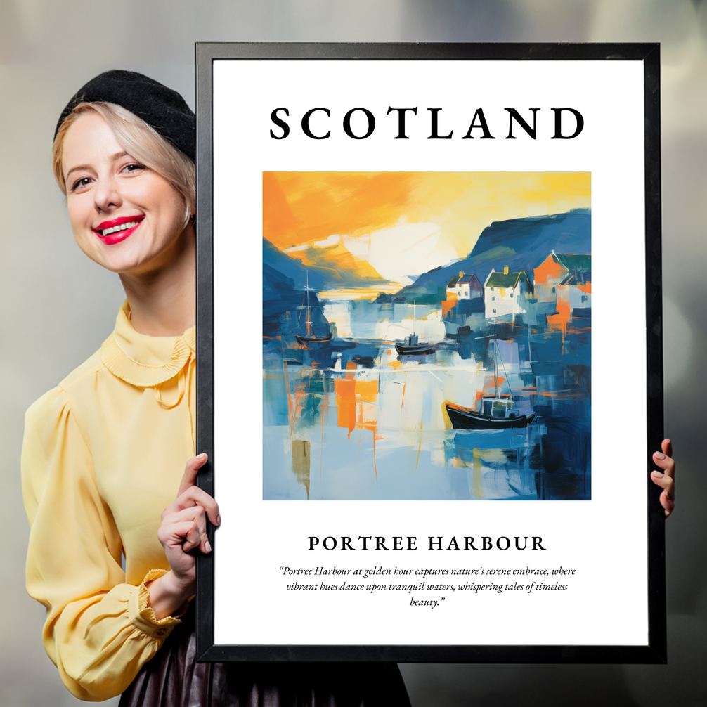 Person holding a poster of Portree Harbour