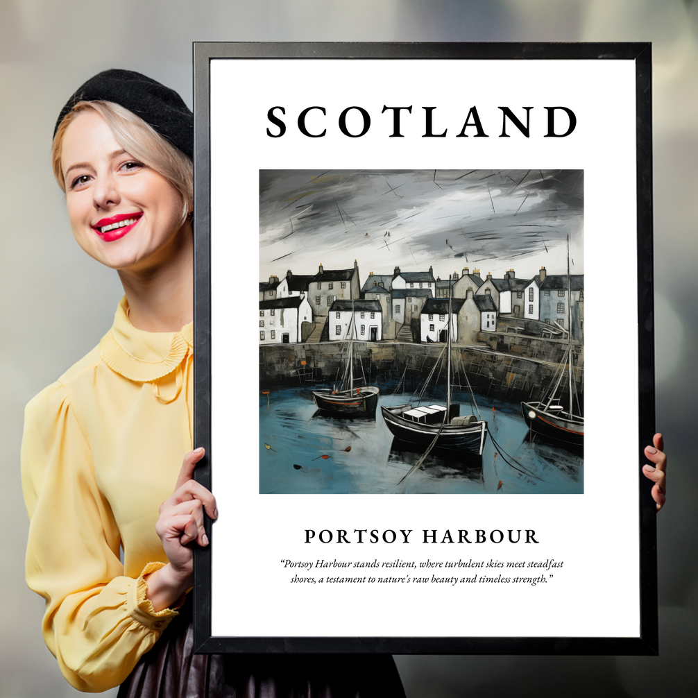 Person holding a poster of Portsoy Harbour