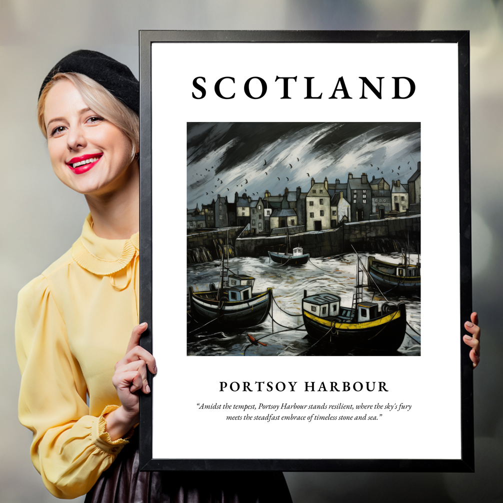 Person holding a poster of Portsoy Harbour