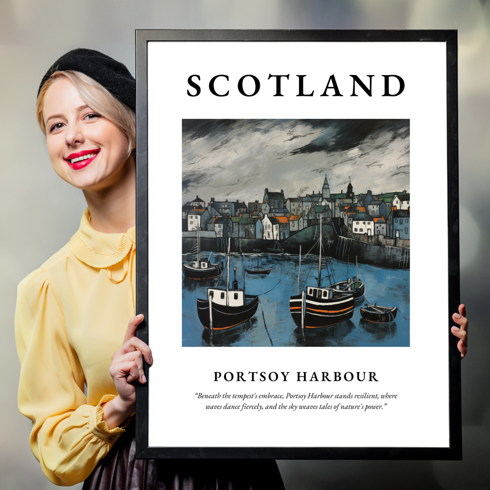Person holding a poster of Portsoy Harbour