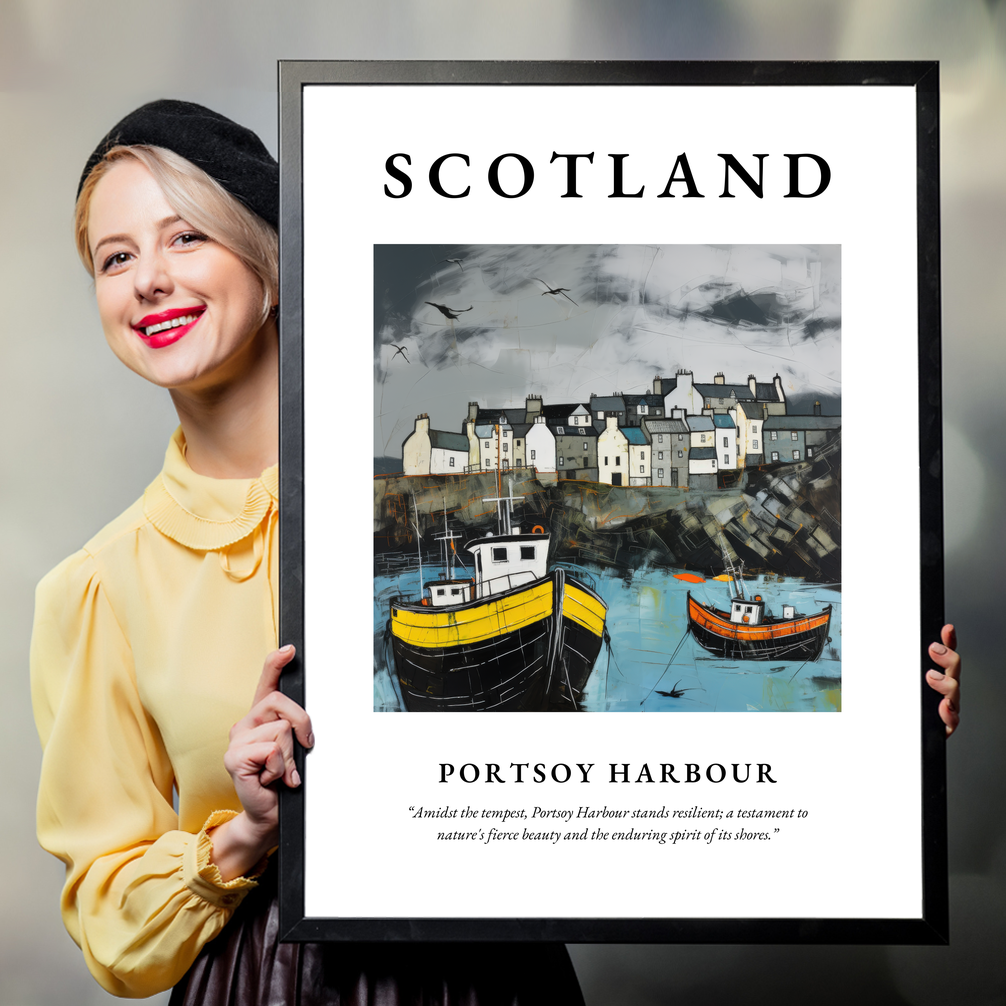 Person holding a poster of Portsoy Harbour