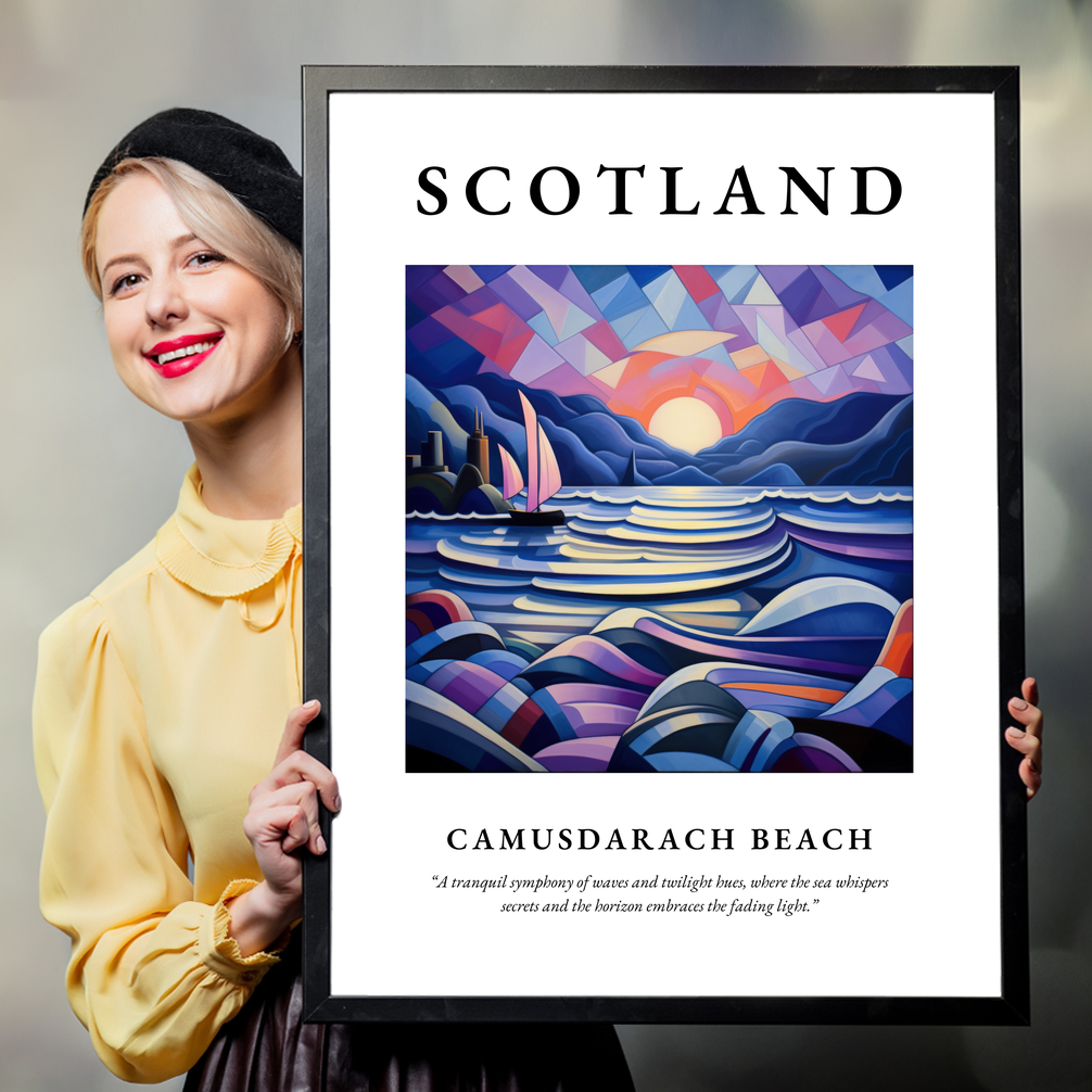 Person holding a poster of Camusdarach Beach