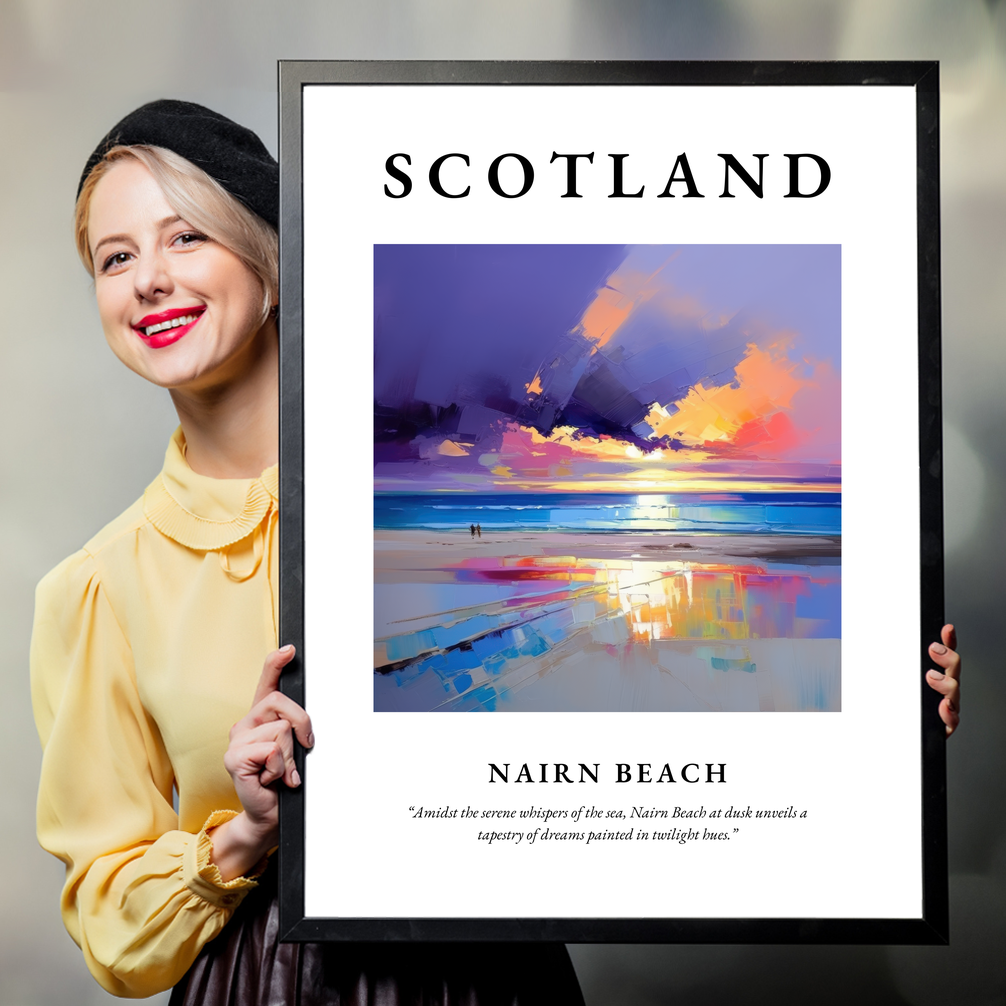 Person holding a poster of Nairn Beach