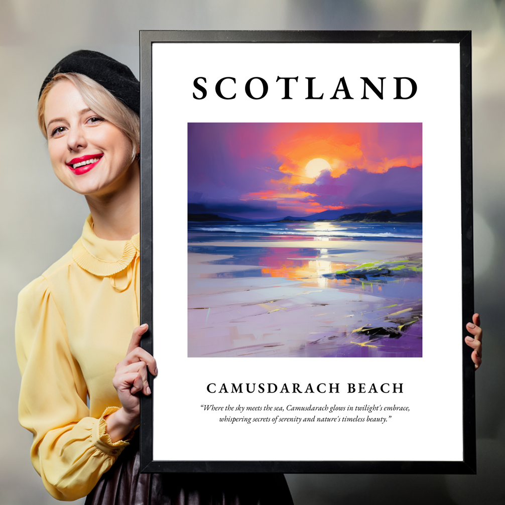 Person holding a poster of Camusdarach Beach