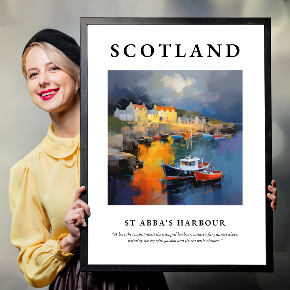 Person holding a poster of St Abba's Harbour