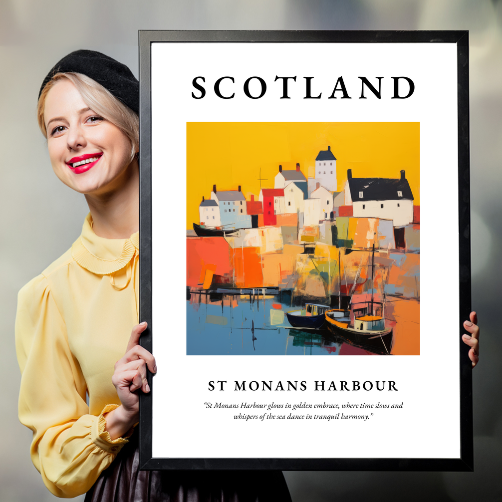 Person holding a poster of St Monans Harbour