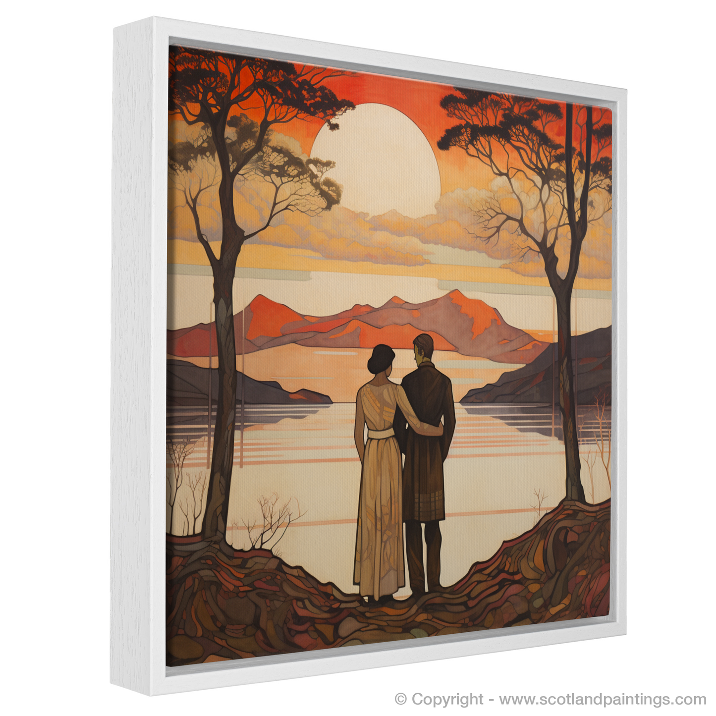 Painting and Art Print of A couple holding hands looking out on Loch Lomond entitled "Embrace at Dusk: A Loch Lomond Idyll".