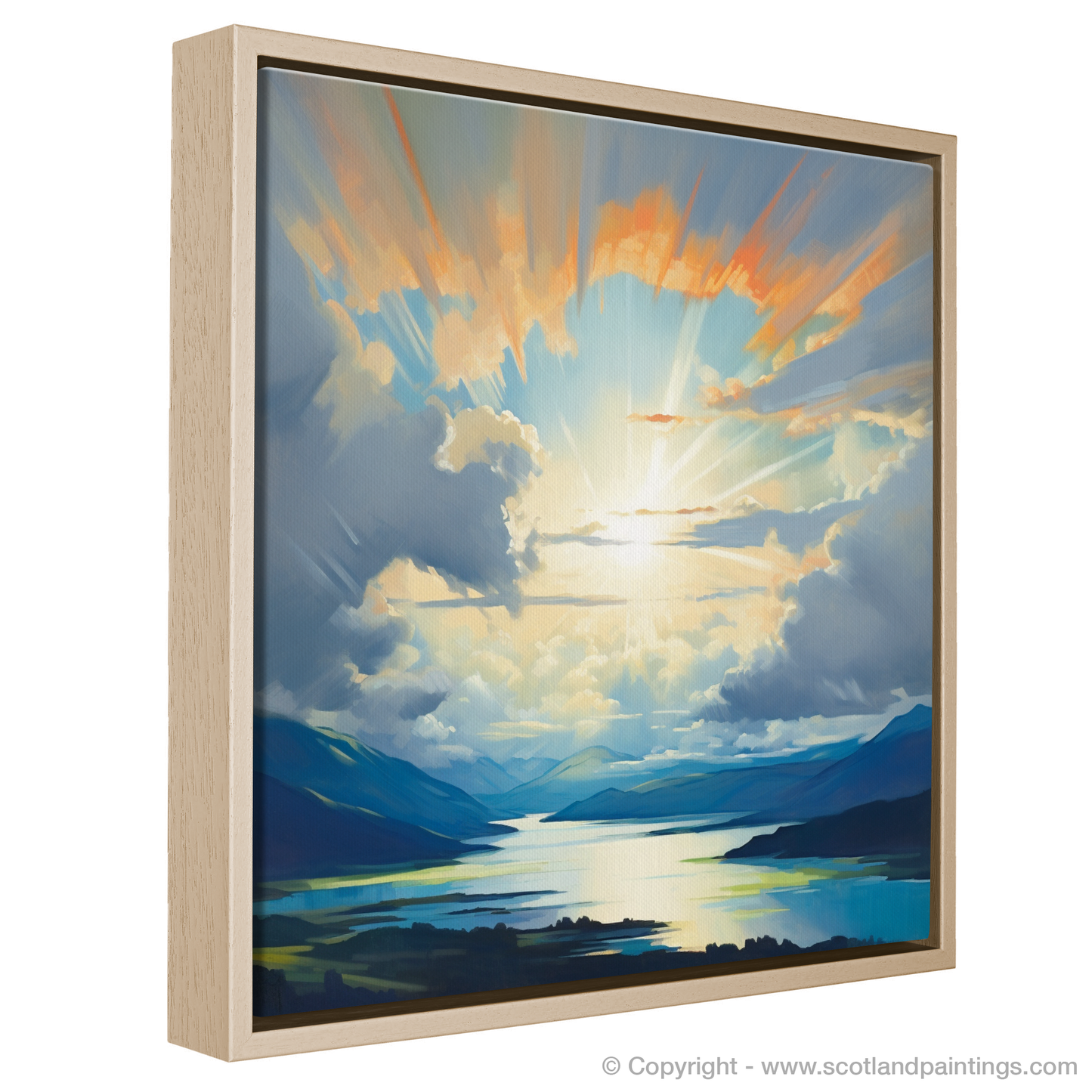 Painting and Art Print of Sun rays through clouds above Loch Lomond entitled "Sunlit Serenity over Loch Lomond".