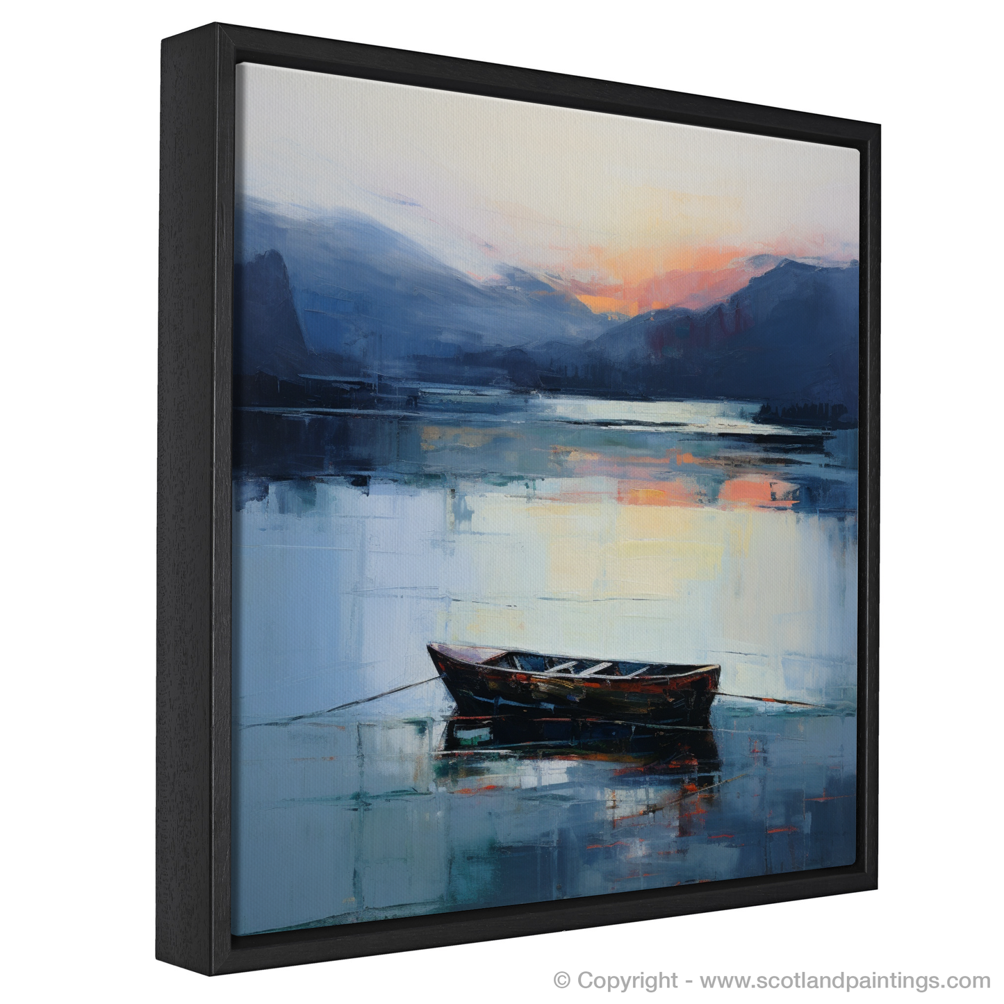 Painting and Art Print of Lone rowboat on Loch Lomond at dusk entitled "Dusk Serenade at Loch Lomond".