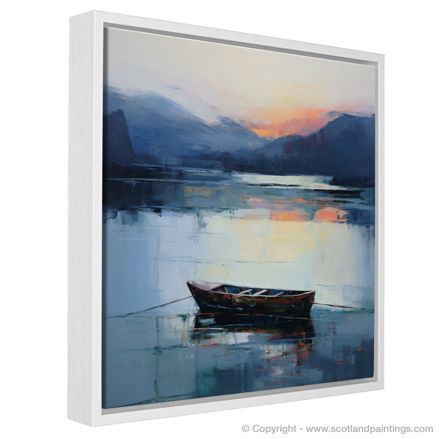 Painting and Art Print of Lone rowboat on Loch Lomond at dusk entitled "Dusk Serenade at Loch Lomond".