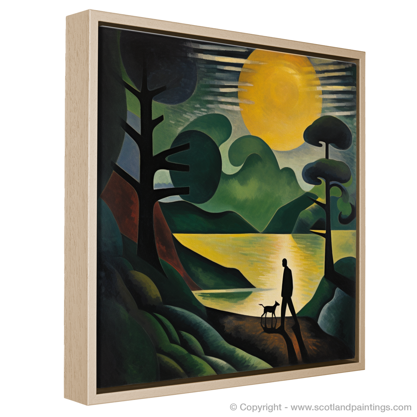 Painting and Art Print of A man walking dog at the side of Loch Lomond entitled "Solitude and Companionship by Loch Lomond".