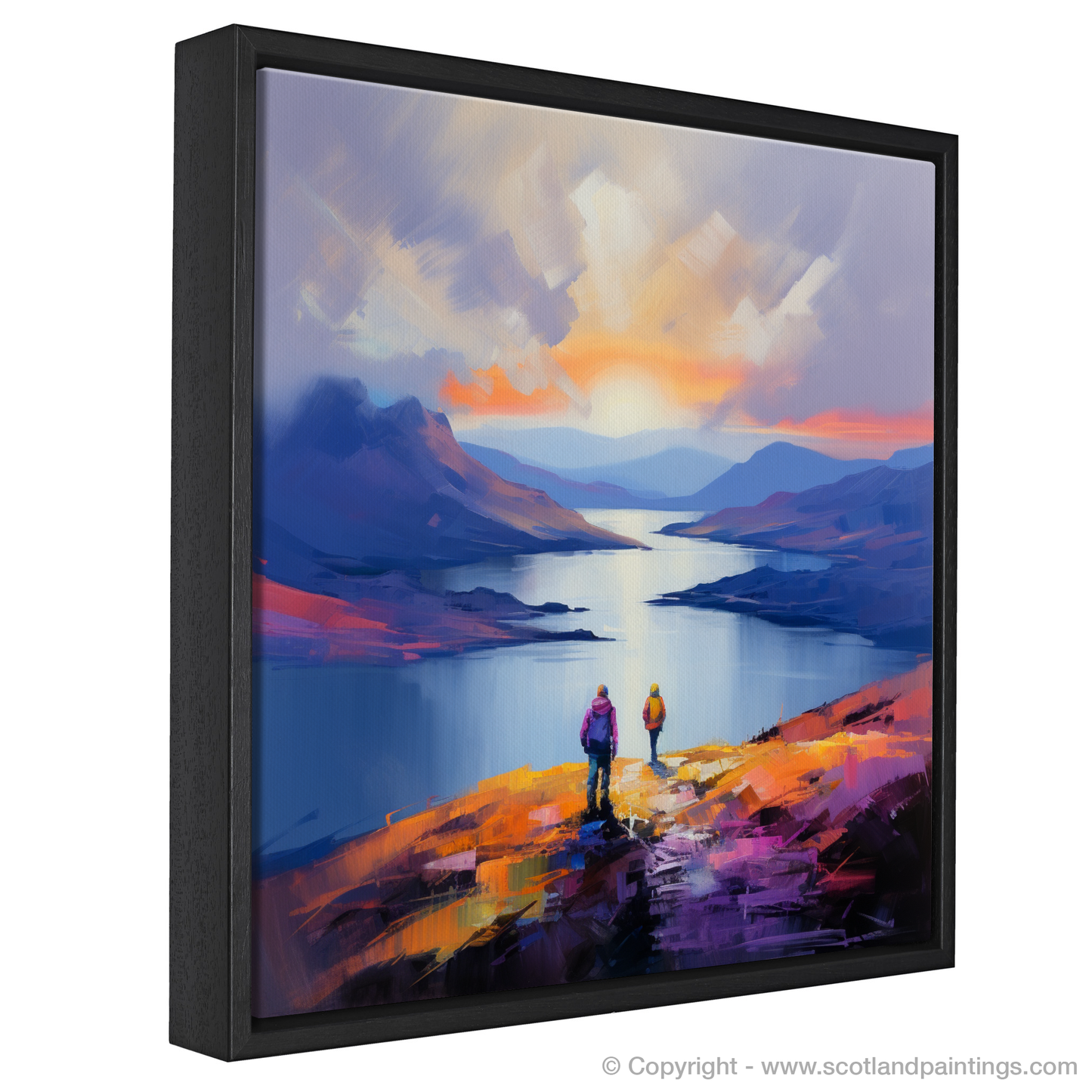 Painting and Art Print of Two hikers looking out on Loch Lomond entitled "Sunset Serenade at Loch Lomond".