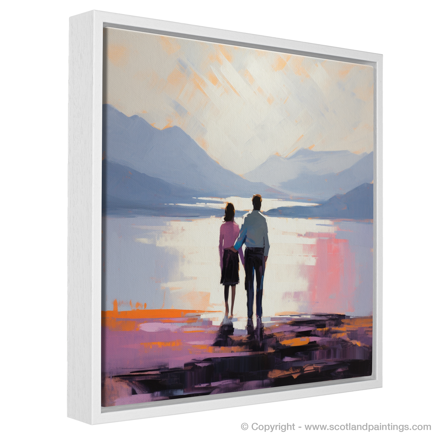 Painting and Art Print of A couple holding hands looking out on Loch Lomond entitled "Embrace at Dusk: A Loch Lomond Rendezvous".