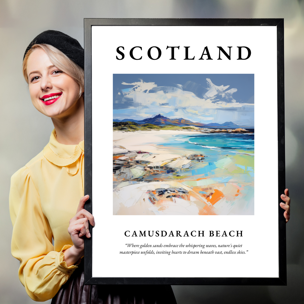 Person holding a poster of Camusdarach Beach
