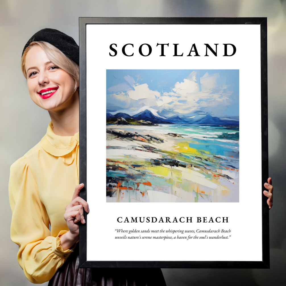 Person holding a poster of Camusdarach Beach