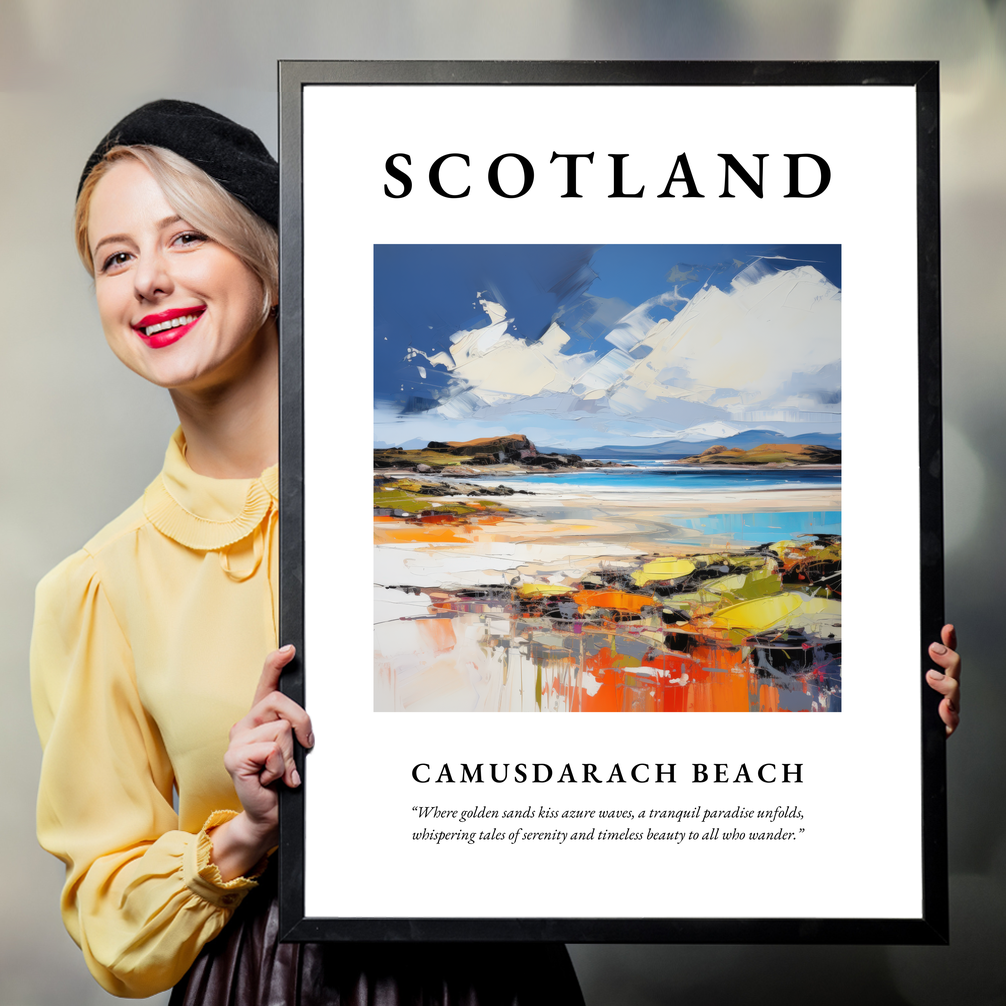 Person holding a poster of Camusdarach Beach