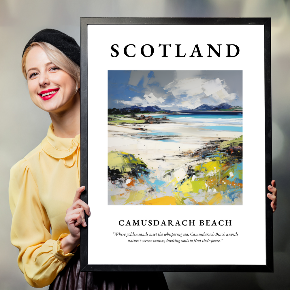 Person holding a poster of Camusdarach Beach