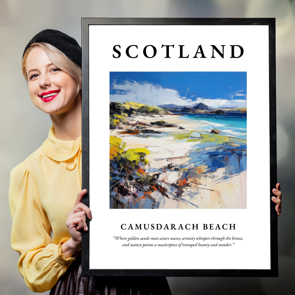 Person holding a poster of Camusdarach Beach