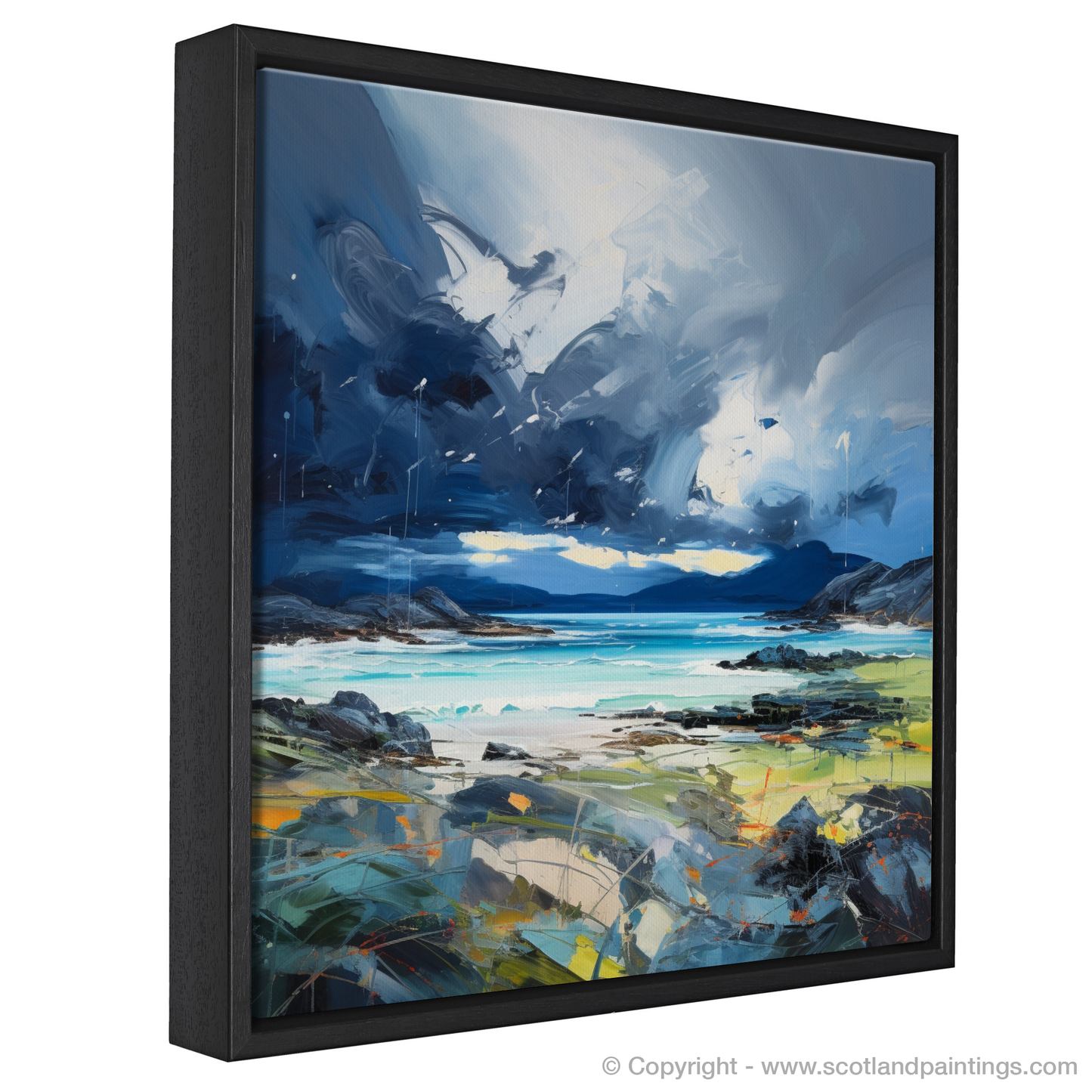Painting and Art Print of Ardalanish Bay with a stormy sky entitled "Stormy Ardalanish: An Expressionist Ode to Scottish Coves".