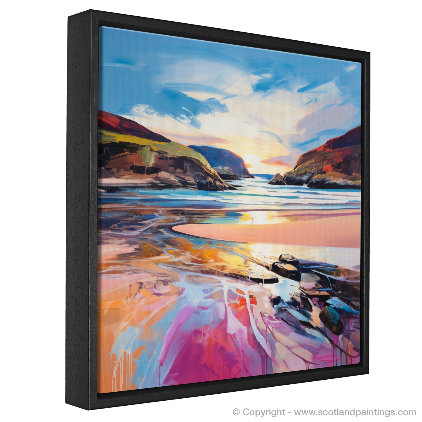 Painting and Art Print of Sandwood Bay at dusk entitled "Dusk's Embrace: Sandwood Bay's Fiery Horizon".