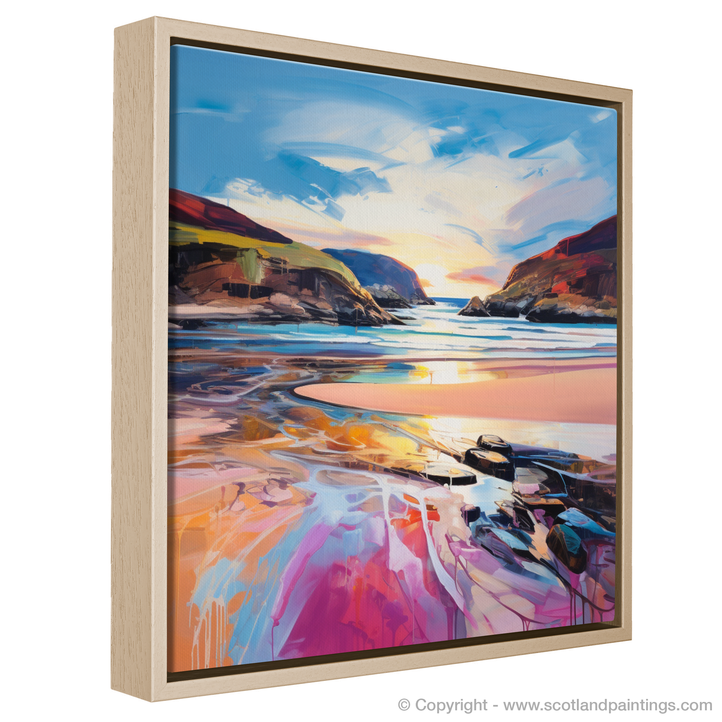 Painting and Art Print of Sandwood Bay at dusk entitled "Dusk's Embrace: Sandwood Bay's Fiery Horizon".
