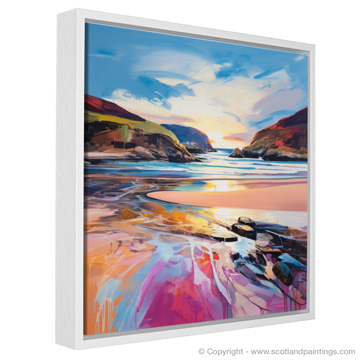 Painting and Art Print of Sandwood Bay at dusk entitled "Dusk's Embrace: Sandwood Bay's Fiery Horizon".