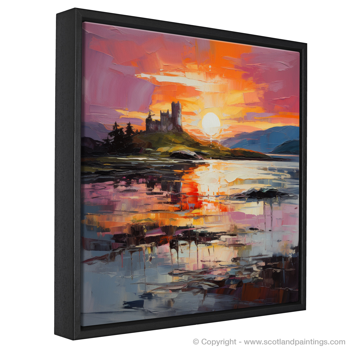Painting and Art Print of Castle Stalker Bay at sunset entitled "Sunset Blaze over Castle Stalker Bay".