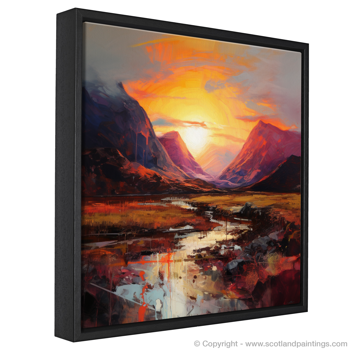 Painting and Art Print of Sunset glow in Glencoe entitled "Fiery Embrace of Glencoe Sunset".