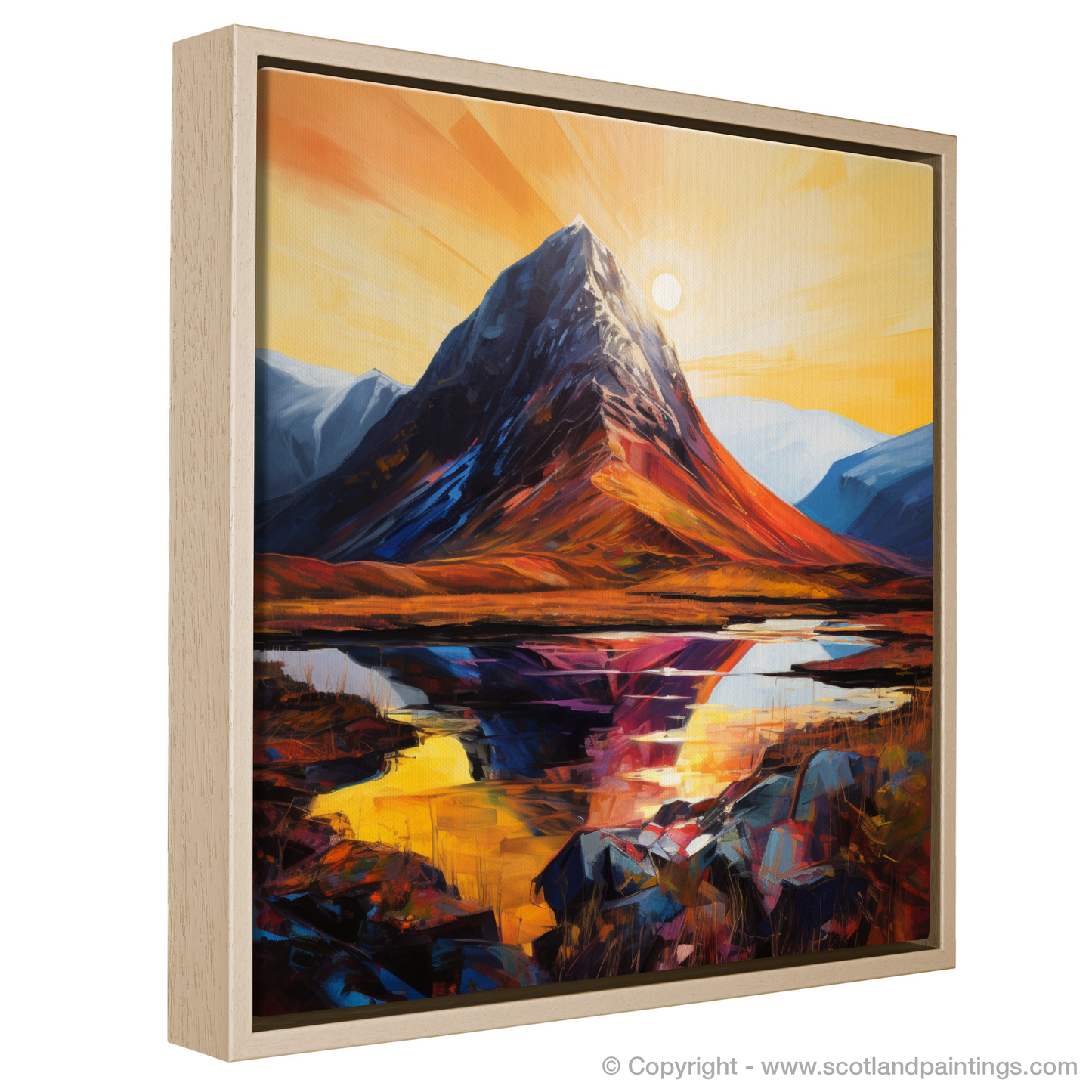 Painting and Art Print of Buachaille sunrise in Glencoe. Buachaille Sunrise: An Expressionist Ode to Glencoe's Majesty.