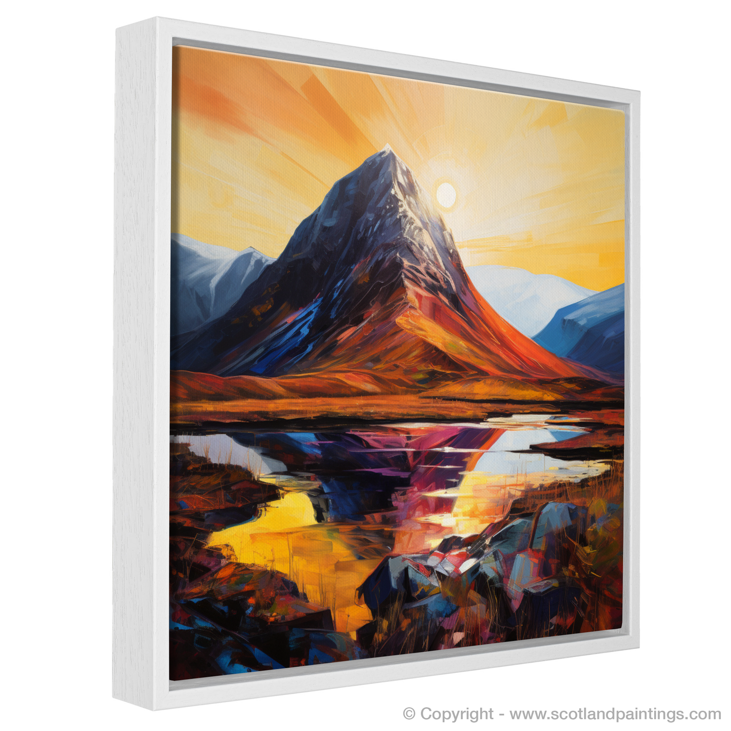 Painting and Art Print of Buachaille sunrise in Glencoe. Buachaille Sunrise: An Expressionist Ode to Glencoe's Majesty.
