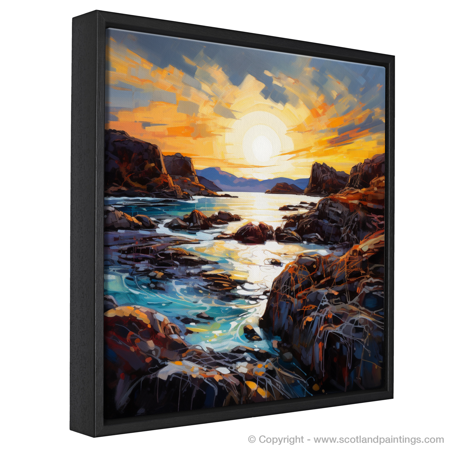 Painting and Art Print of Achmelvich Bay at golden hour. Golden Hour at Achmelvich Bay: An Expressionist Ode to Scottish Coves.