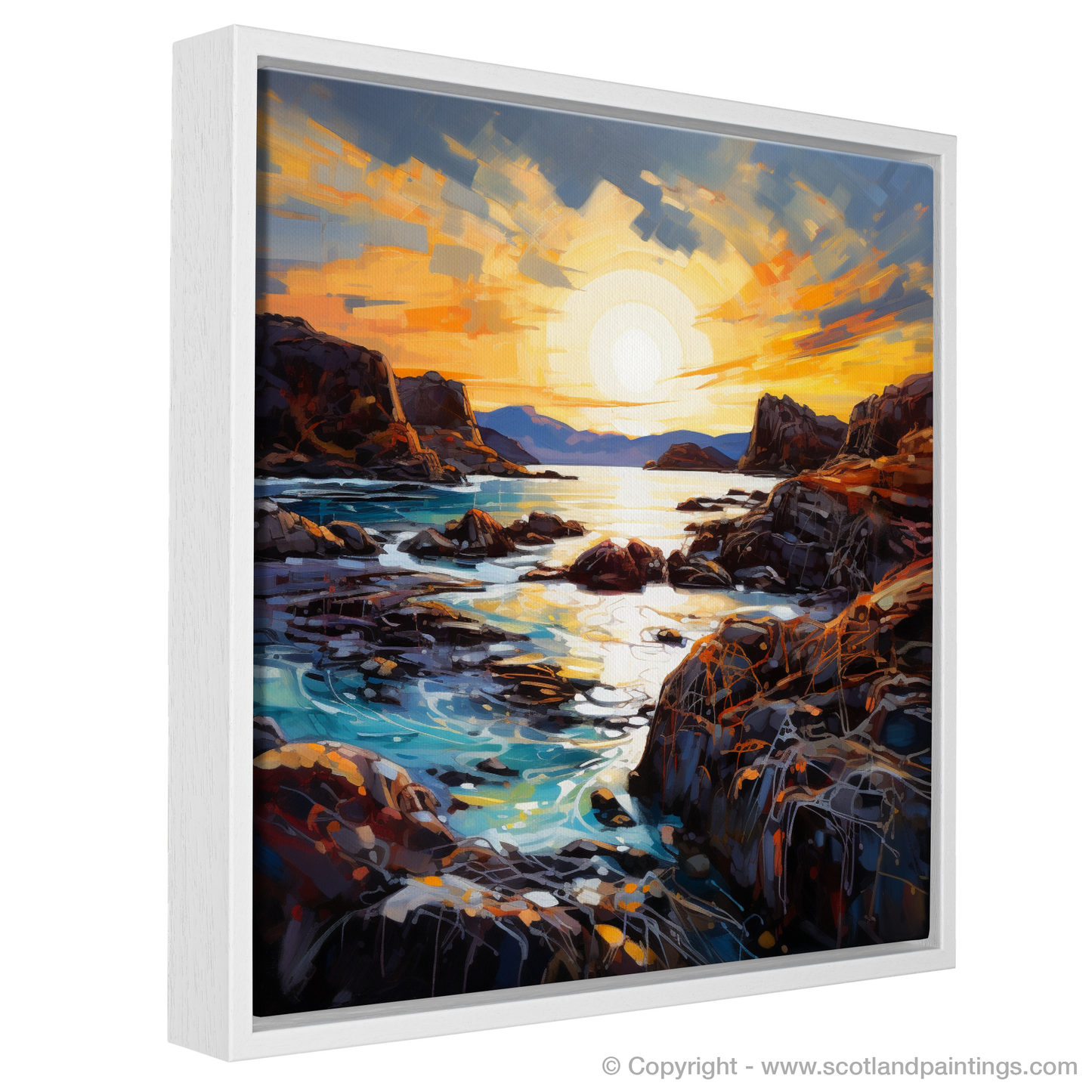 Painting and Art Print of Achmelvich Bay at golden hour. Golden Hour at Achmelvich Bay: An Expressionist Ode to Scottish Coves.