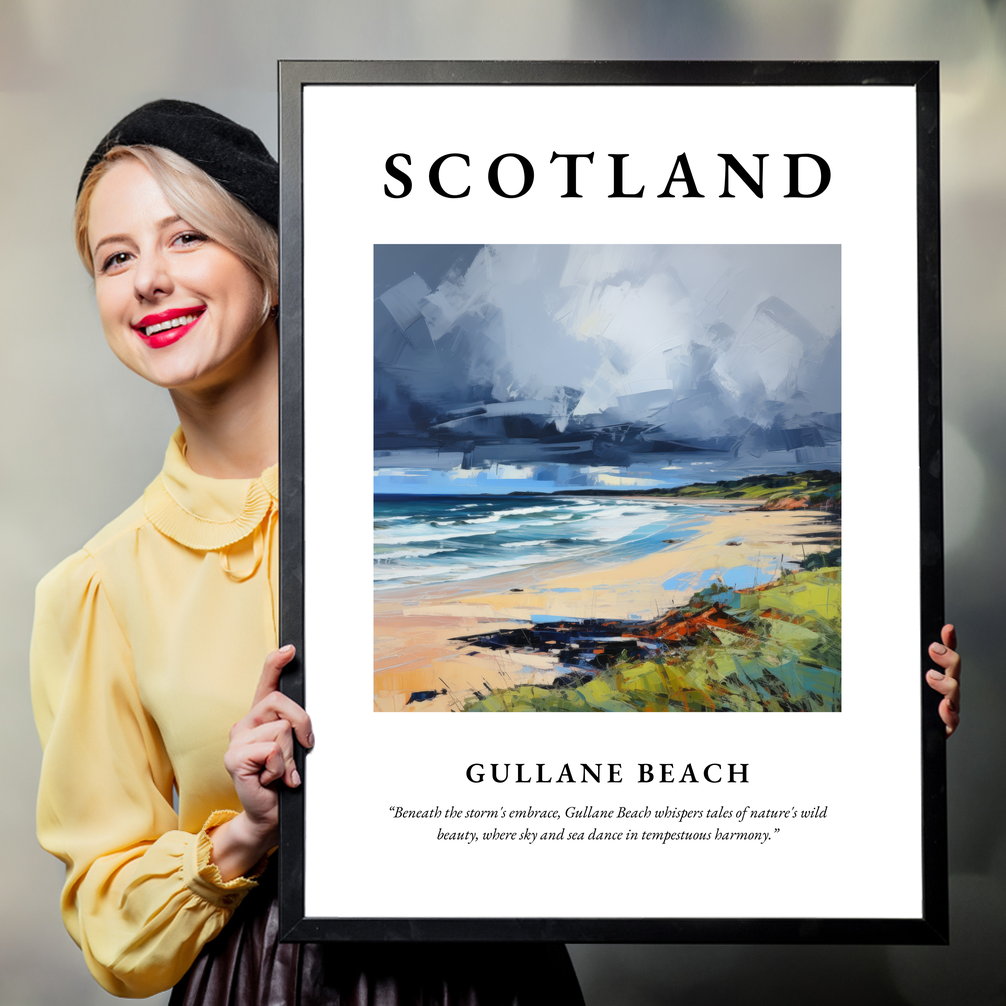 Person holding a poster of Gullane Beach